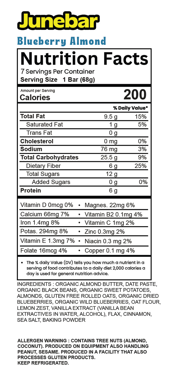 Blueberry Almond Junebar Nutrition Facts. Organic Almond Butter, Date Paste, Organic Black Beans, Organic Sweet Potatoes, Almonds, Gluten Free Rolled Oats, Organic Dried Blueberries, Organic Wild Blueberries, Oat Flour, Lemon Zest, Vanilla Extract (Vanilla Bean Extractives In Water, Alcohol), Flax, Cinnamon, Sea Salt, Baking Powder
Junebar nutrition facts block. 15% total fat, 5% saturated fat, 0% cholesterol, 3% sodium, 9% carbohydrates, 25% dietary fiber, 12g total sugars, 0g added sugar, 6g protein.