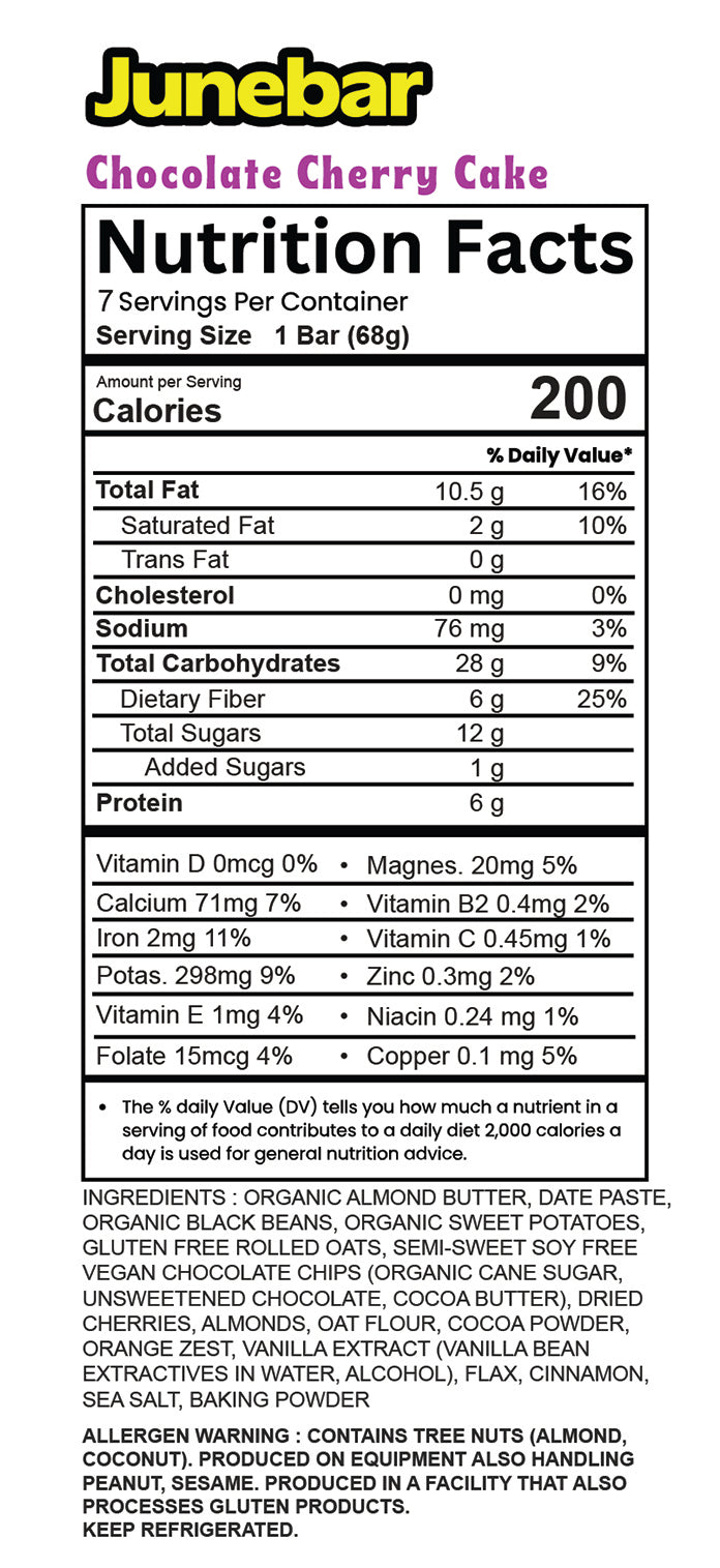 Junebar Chocolate Cherry Nutrition Facts. Ingredients : Organic Almond Butter, Date Paste, Organic Black Beans, Organic Sweet Potatoes, Gluten Free Rolled Oats, Semi-Sweet Soy Free Vegan Chocolate Chips (Organic Cane Sugar, Unsweetened Chocolate, Cocoa Butter), Dried Cherries, Almonds, Oat Flour, Cocoa Powder, Orange Zest, Vanilla Extract (Vanilla Bean Extractives In Water, Alcohol), Flax, Cinnamon, Sea Salt, Baking Powder
Junebar nutrition facts block. 16% total fat, 10% saturated fat, 0% cholesterol, 3%