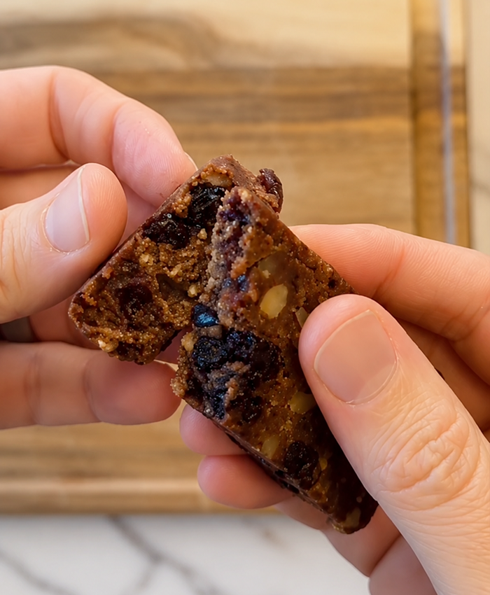 A photograph of a blueberry Junebar being broken in half, revealing its soft texture and large whole food ingredients.