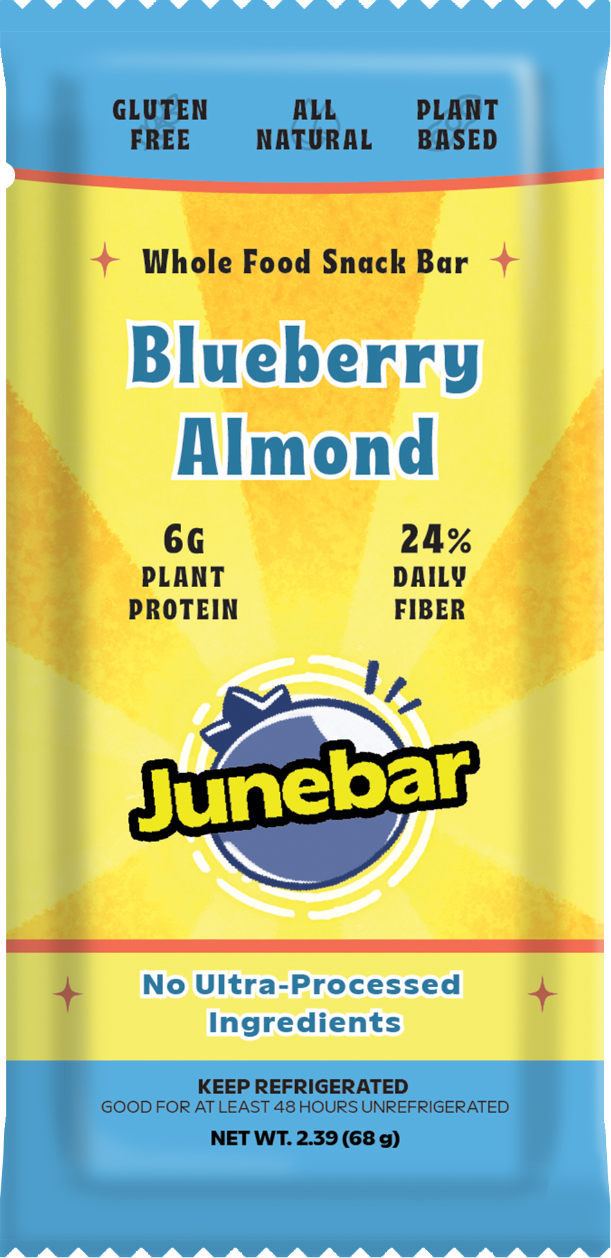 A Junebar Blueberry Almond snack bar in packaging.