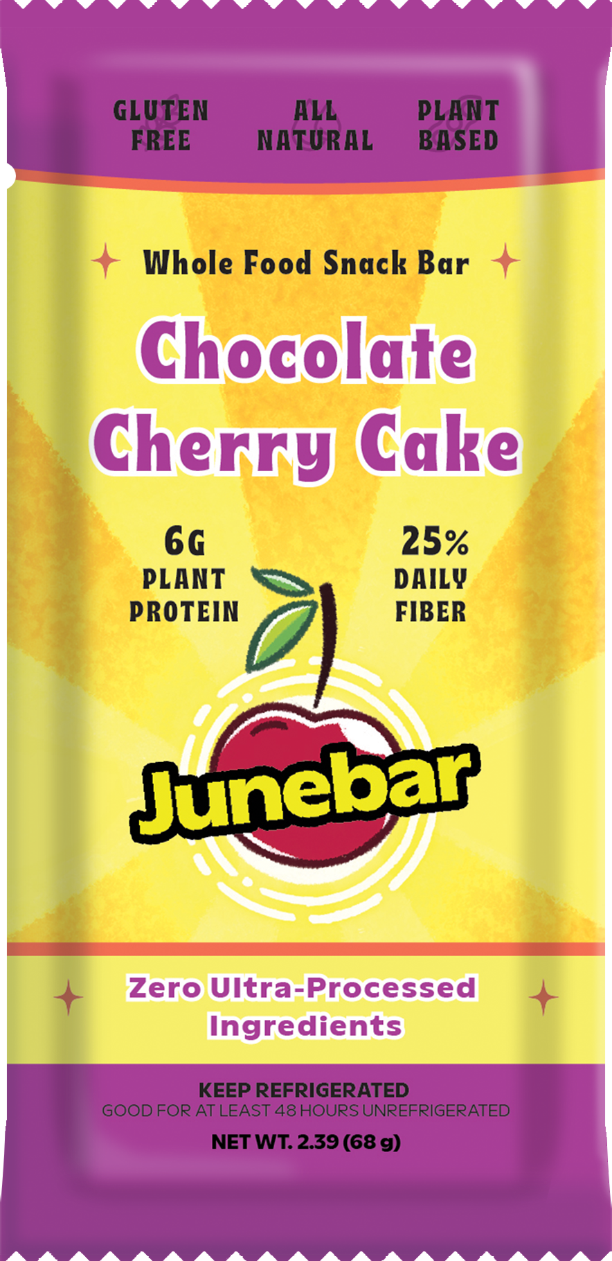 A Junebar Chocolate Cherry Cake snack bar in packaging.