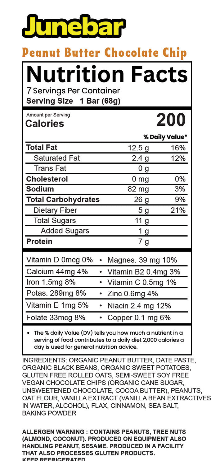 Nutrition facts label for Junebar Peanut Butter Chocolate Chip bar. Please see our page about Junebar ingredients and labels for more details.