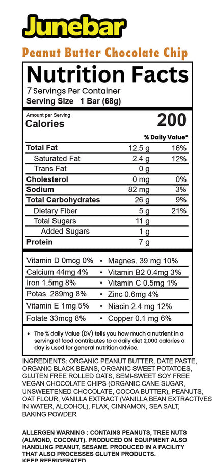 Nutrition facts label for Junebar Peanut Butter Chocolate Chip bar. Please see our page about Junebar ingredients and labels for more details.