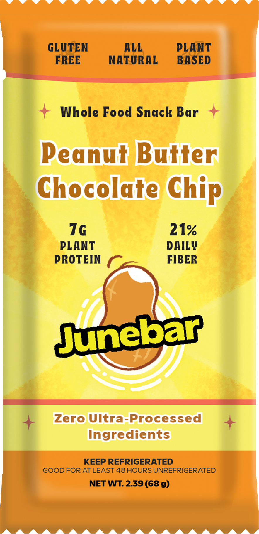 A Junebar Peanut Butter Chocolate Chip snack bar in packaging.